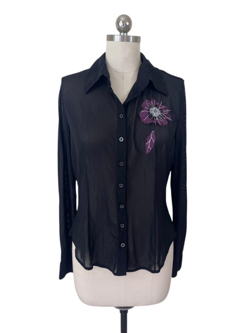 Bisou Bisou Y2K Button Down Shirt Womens Large Black Sheer Floral Applicaque 90s